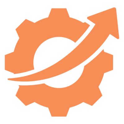 Orange gear and arrow logo